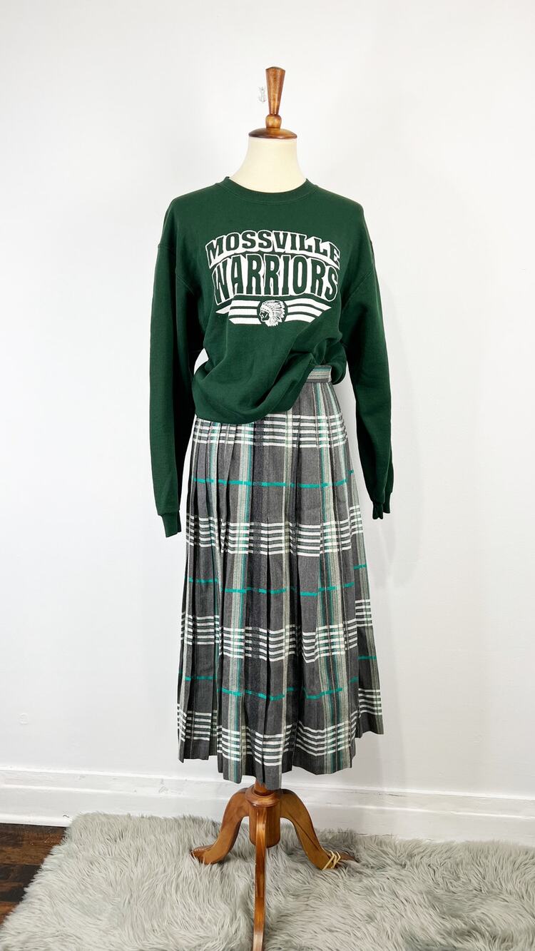 Vintage 70s 80s green white grey plaid maxi skirt pleated Evan Picone Size 12